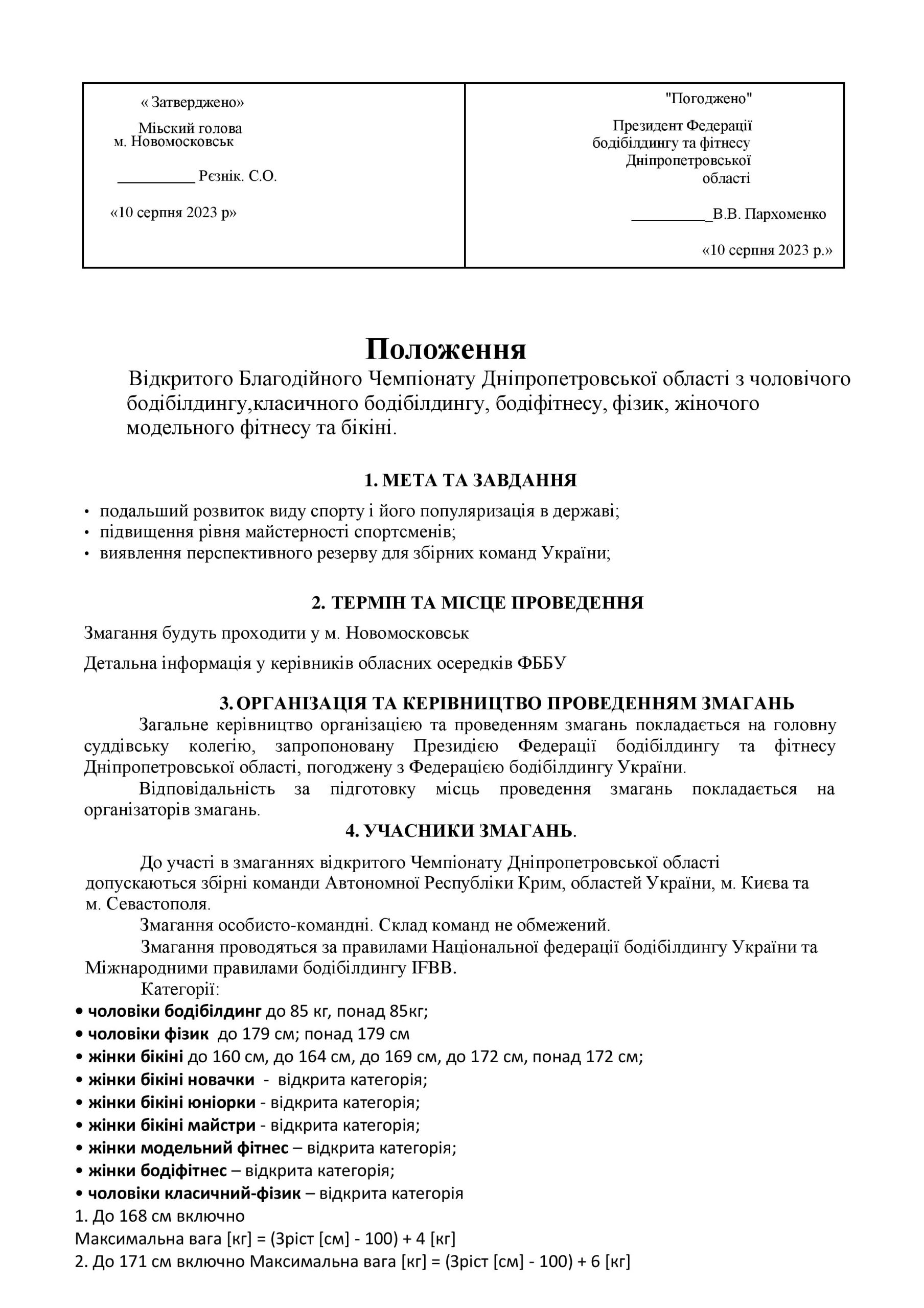 ПОЛОЖЕННЯ ВІДКРИТОГО БЛАГОДІЙНОГО ЧЕМПІОНАТУ ДНІПРОПЕТРОВСЬКОЇ ОБЛАСТІ З БОДІБІЛДИНГУ