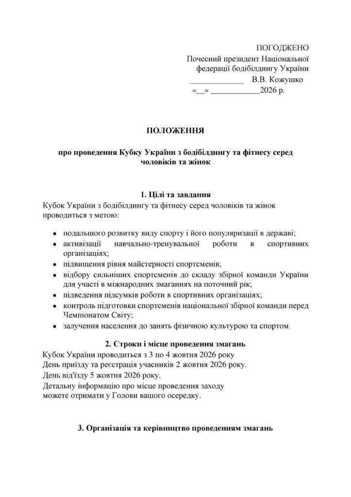 Афіша та положення про проведення Кубку України з бодібілдингу та фітнесу серед чоловіків та жінок-2026